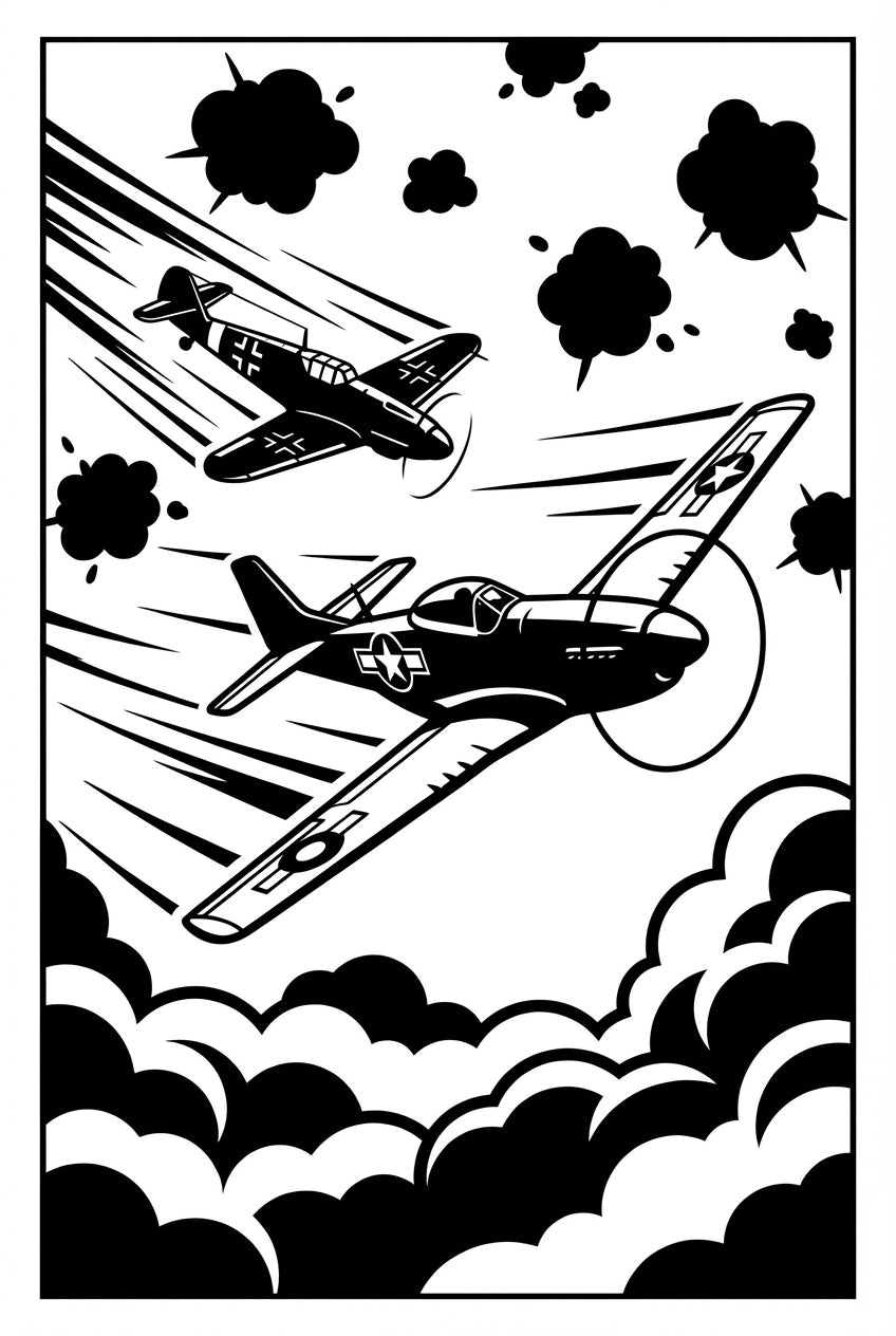 World War 2 German and United States Fighter jets having a dog fight