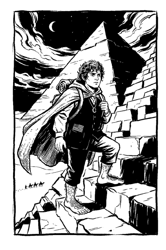 Frodo From The Lord of The Rings Climbing a Pyramid