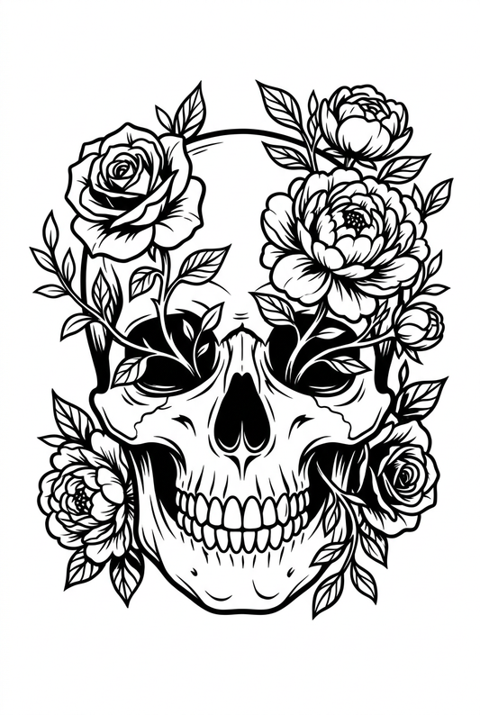 Human Skull With Flowers