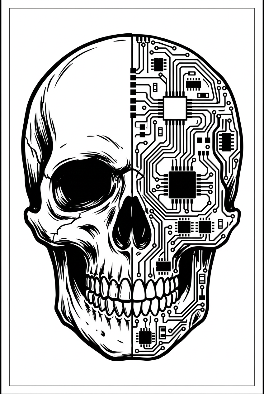 Half Skull Half Circuit Board